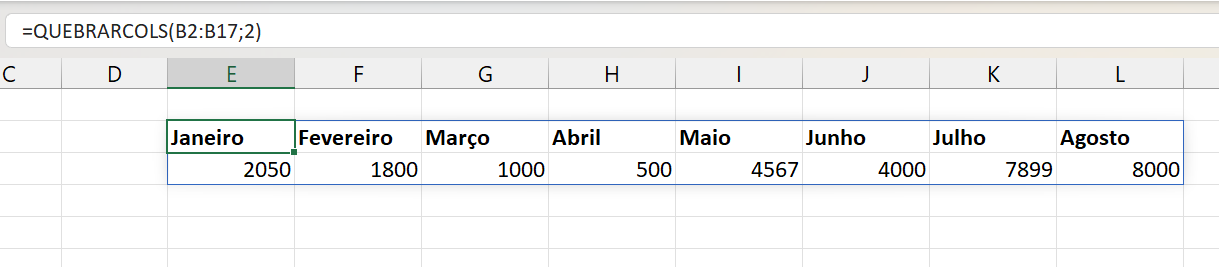 Função QUEBRACOLS no Excel 365, resultado