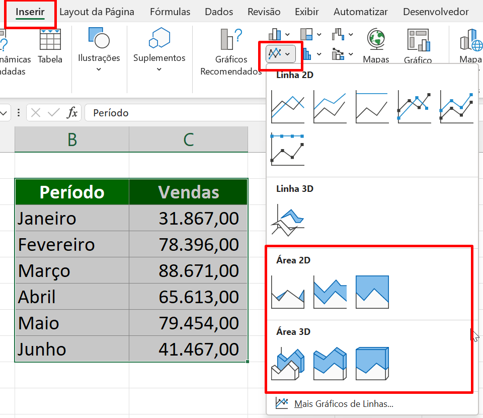 GRÁFICO DE ÁREA no Excel, modelos de gráficos