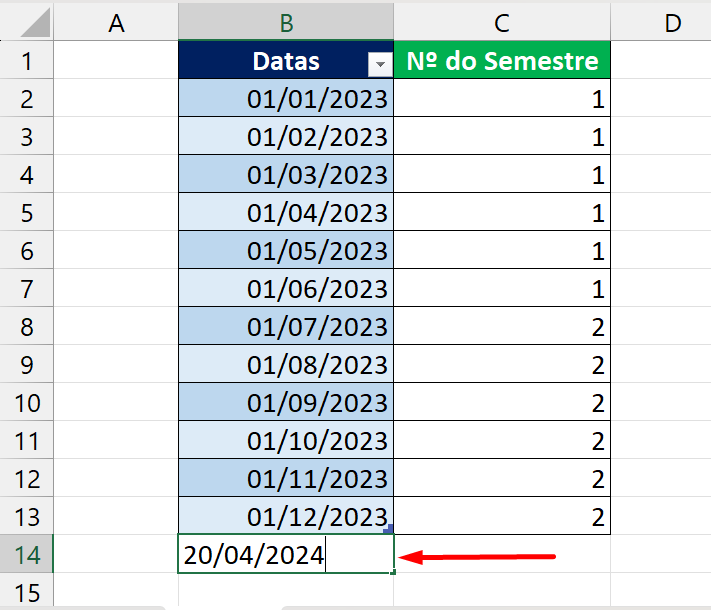 Bimestres e Trimestres no Excel, inserindo data