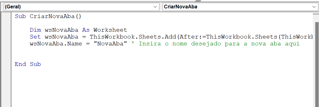 Criar Abas no Excel, código