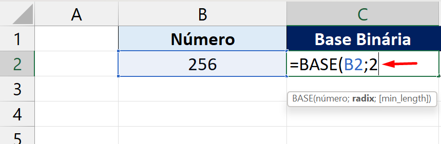 Função BASE no Excel, binário