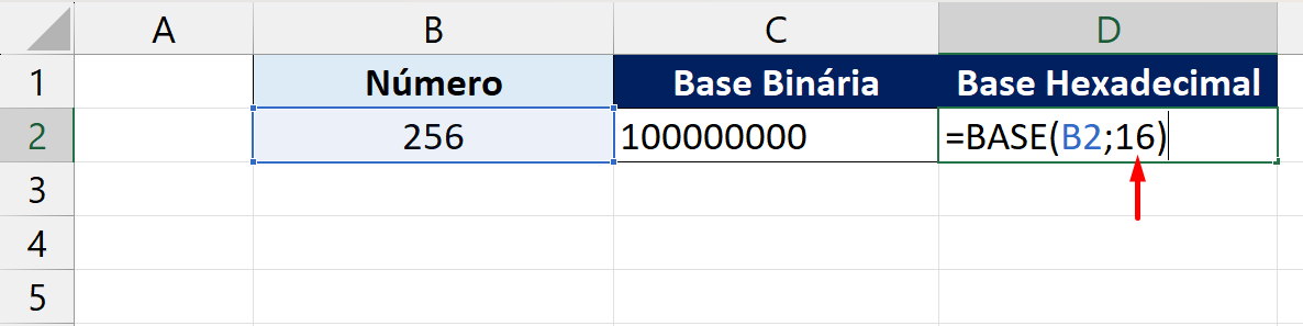 Função BASE no Excel, hexadecimal