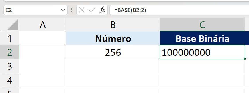 Função BASE no Excel, resultado binário