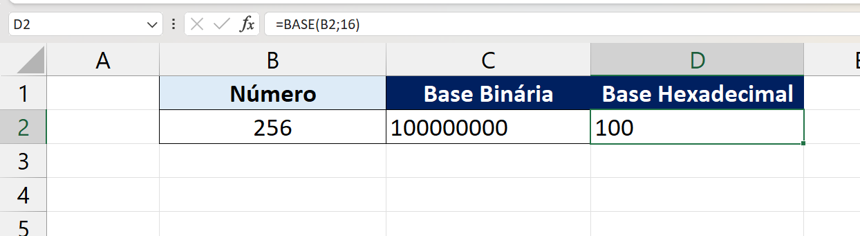Função BASE no Excel, resultado hexadecimal