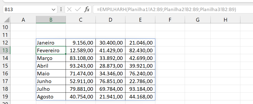 Função EMPILHARH, resultado tabelas separadas