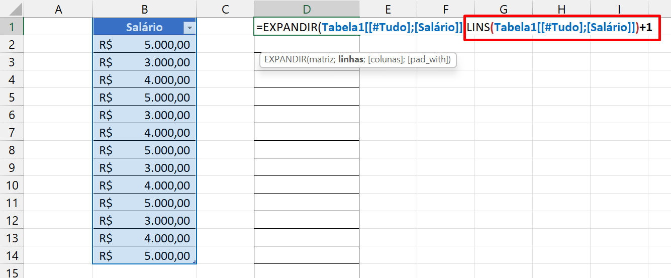 Função EXPANDIR no Excel 365, lins