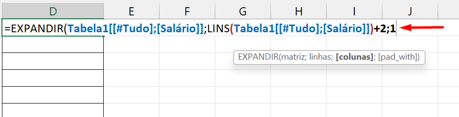 Função EXPANDIR no Excel 365, número de colunas