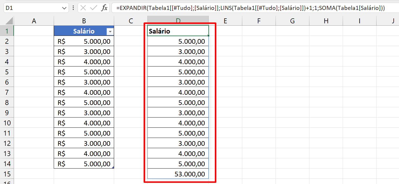Função EXPANDIR no Excel 365, resultado