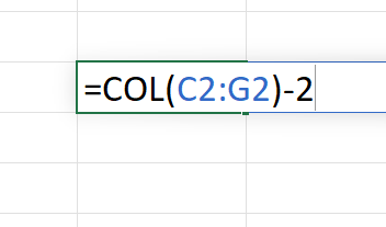 Funções COL e COLS no Excel, subtração