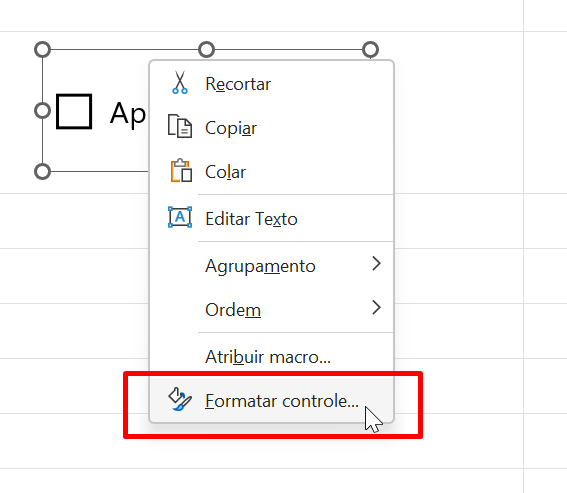 Caixa de Seleção no Excel, formatar controle
