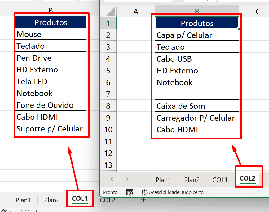 Comparar Duas Planilhas no Excel, colunas