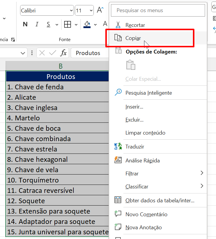 Copiar e Colar no Excel