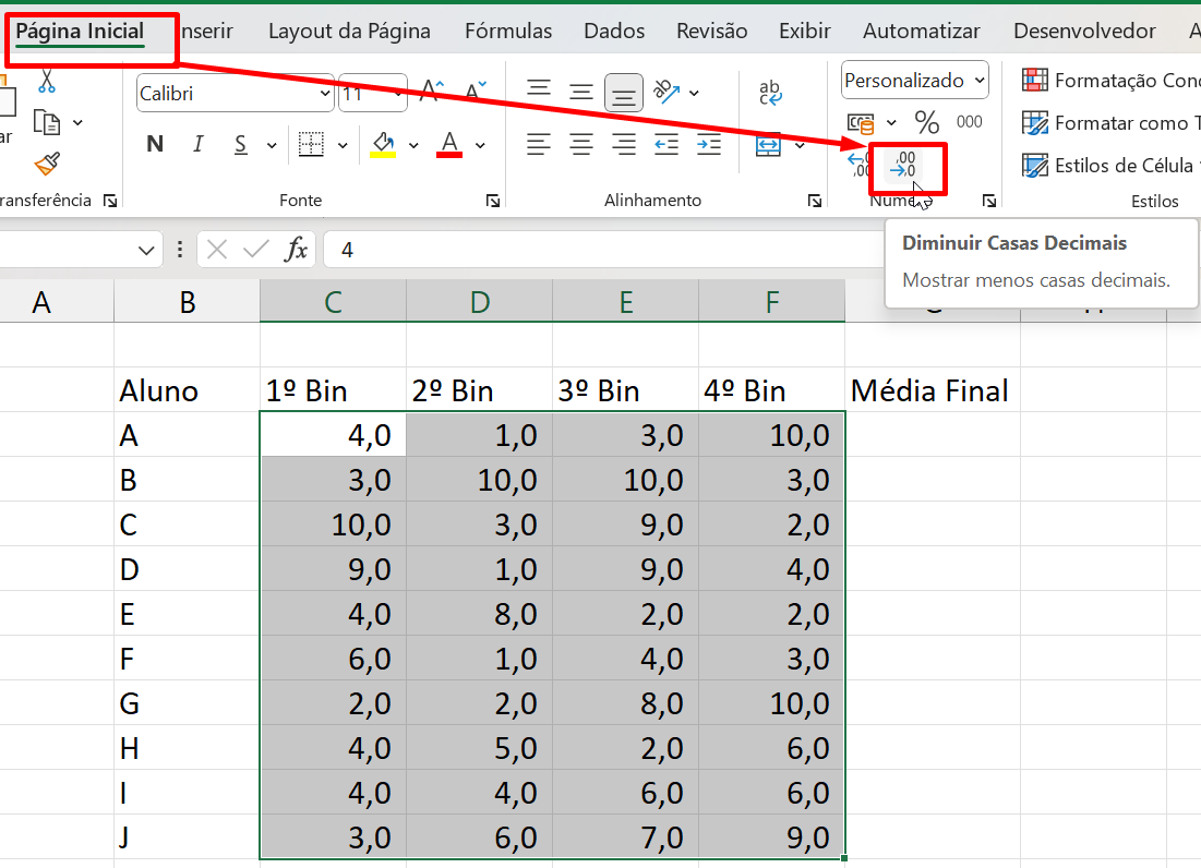 Fazer Tabela no Excel, diminuir casas decimais