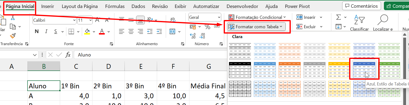 Fazer Tabela no Excel, formatação como tabela