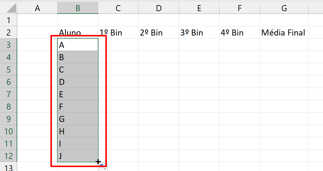 Fazer Tabela no Excel, letras
