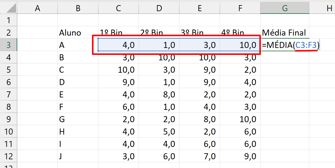 Fazer Tabela no Excel, média