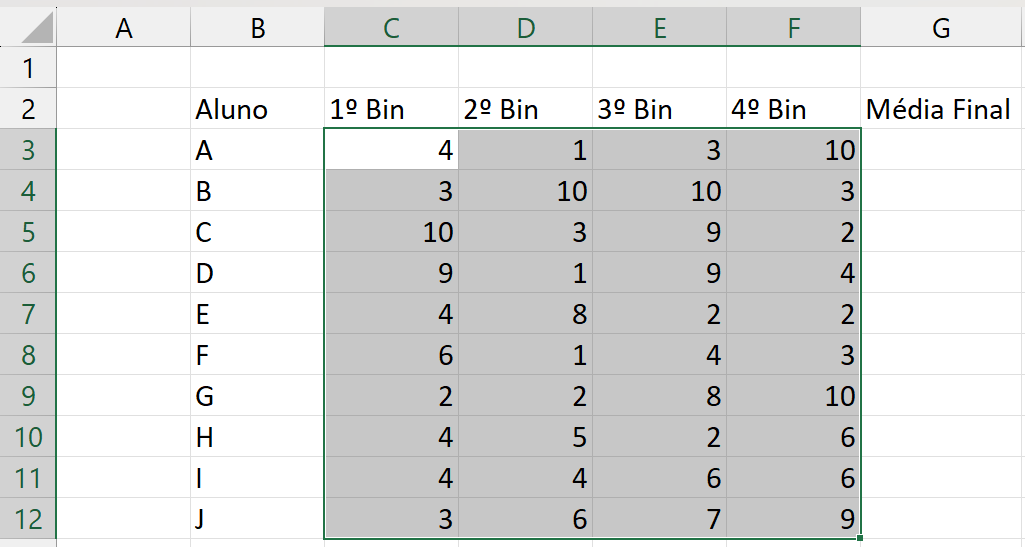 Fazer Tabela no Excel, notas