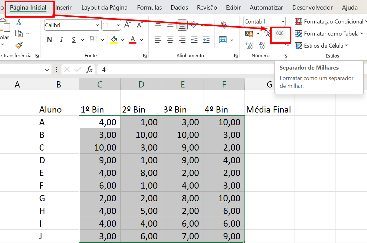 Fazer Tabela no Excel, separador de milhares