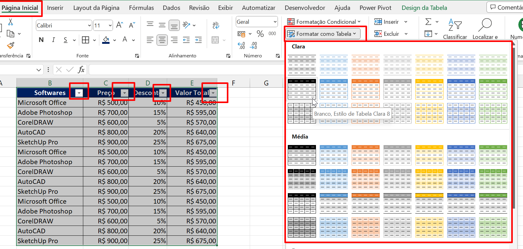 Filtro no Excel, formatar como tabela