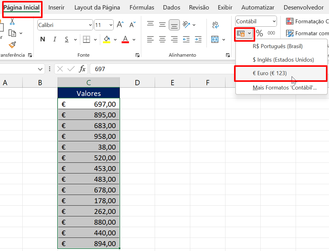 Formato de Euro no Excel