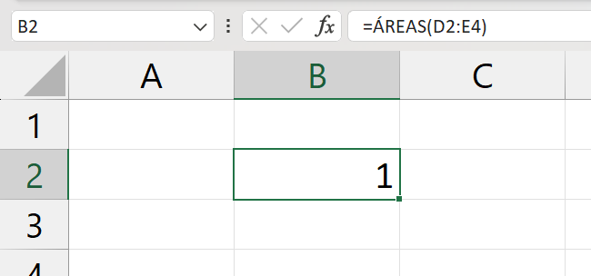 Função ÁREAS no Excel 365, resultado 1