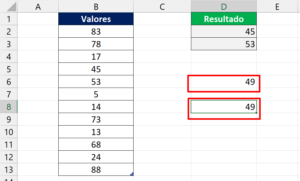 Planilha de Excel com cálculo e resultados