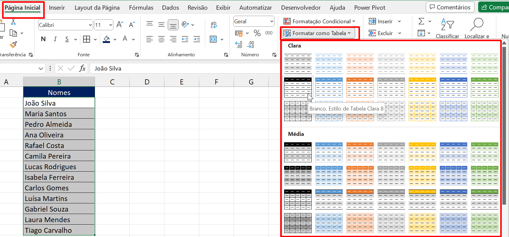 Ordem Alfabética no Excel, formatar como tabela