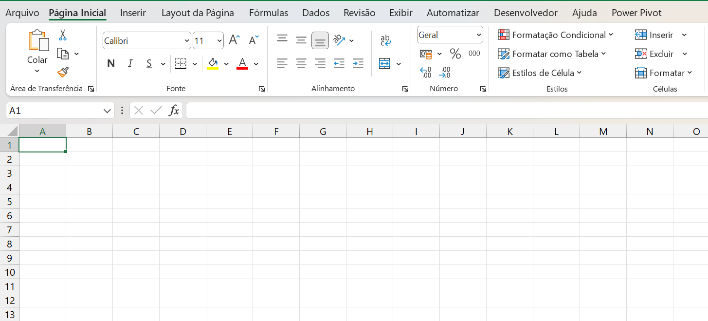 Planilha no Excel, nova planilha