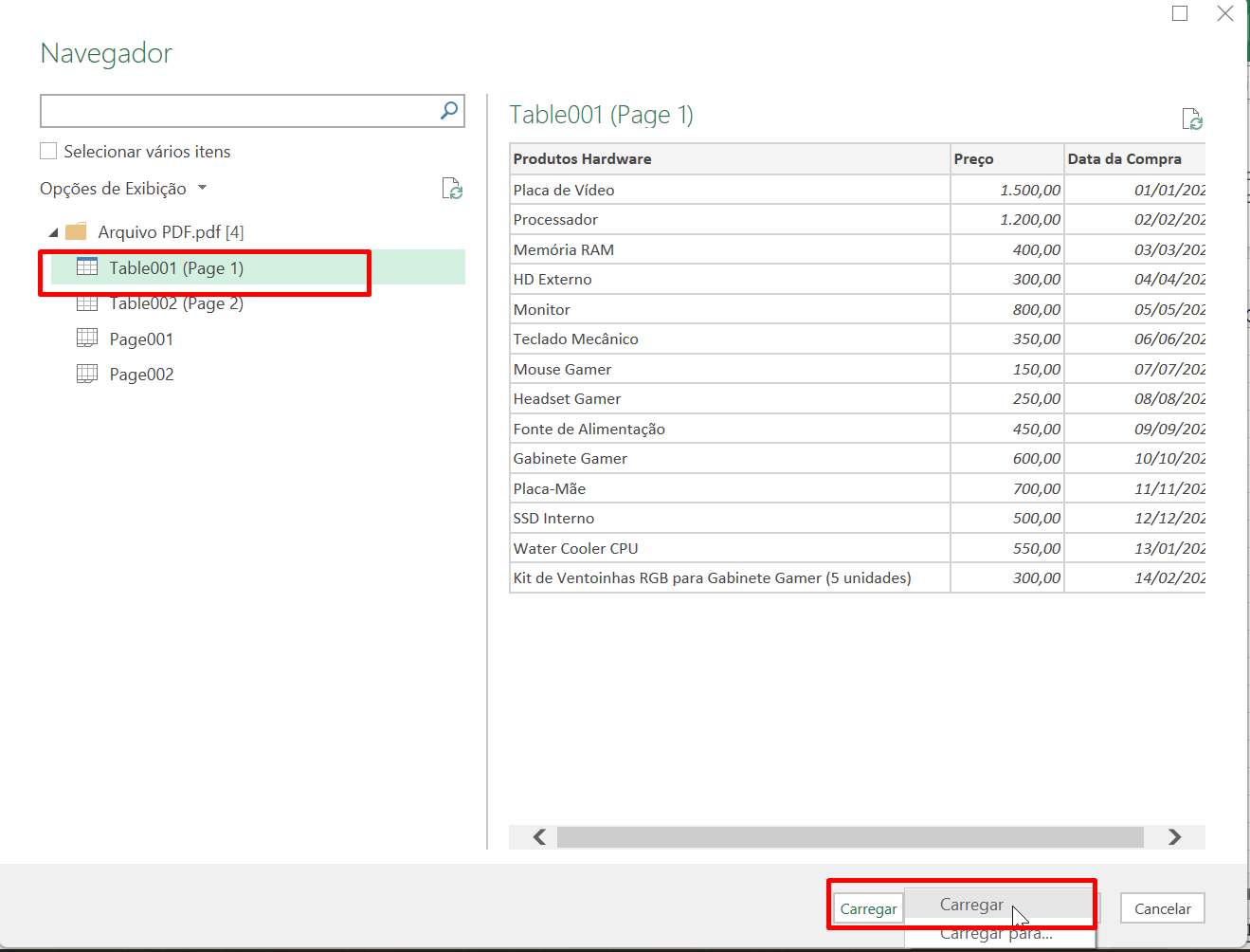Transformar PDF em Excel, carregar
