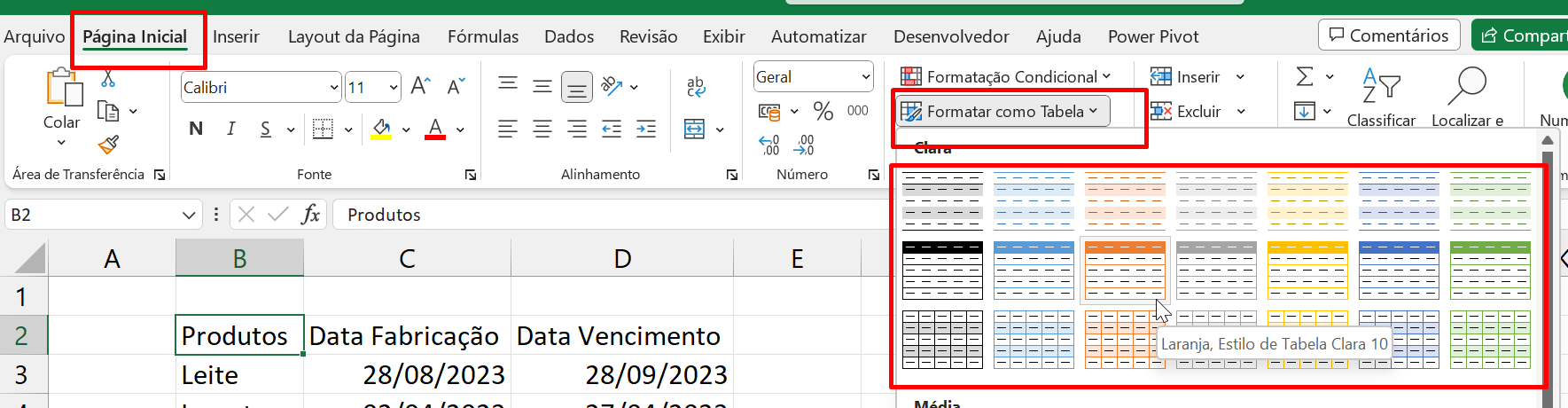 Utilizar o Excel, formatar tabela