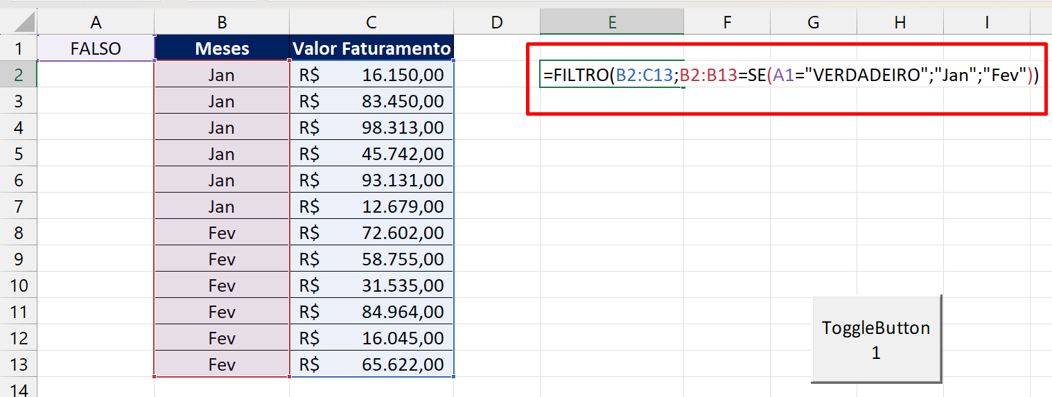 Botão de Alternância no Excel, filtro