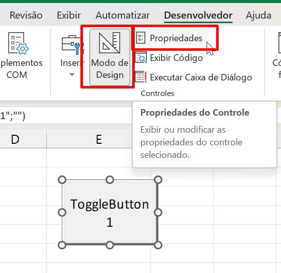 Botão de Alternância no Excel, propriedades