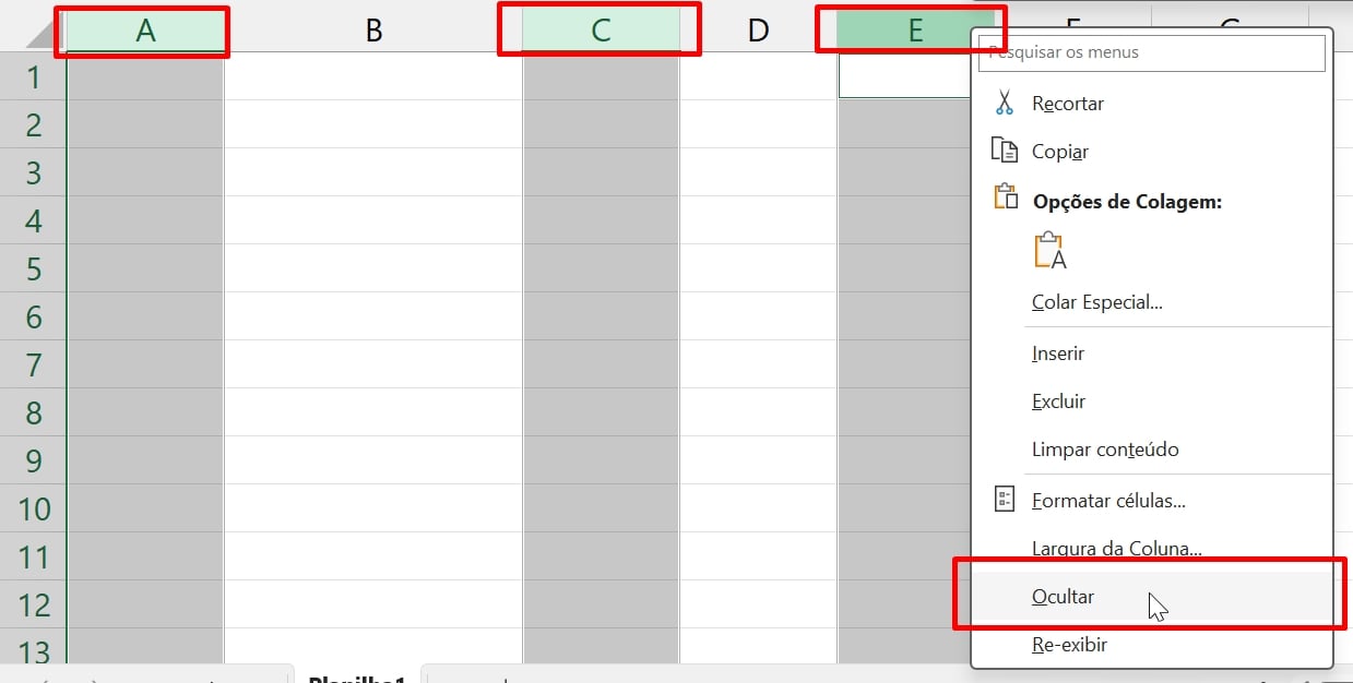 Desocultar Colunas no Excel, colunas separadas