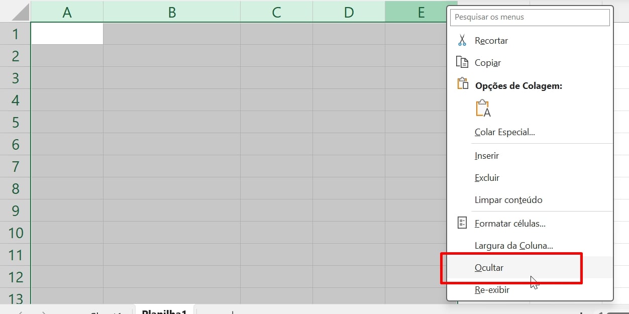 Desocultar Colunas no Excel, conjunto de colunas
