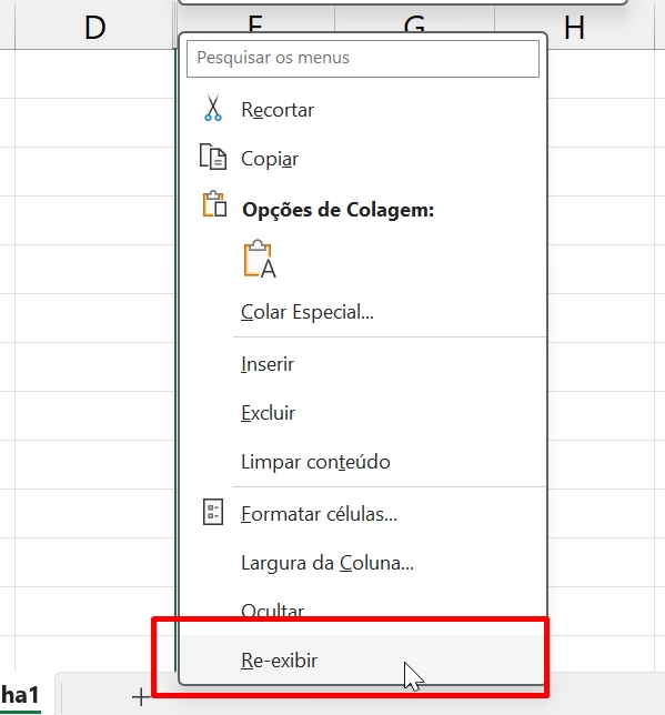 Desocultar Colunas no Excel, reexibir, colunas