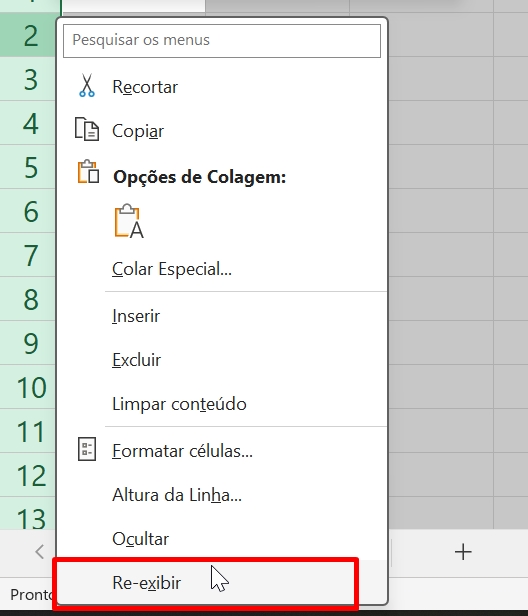 Desocultar Colunas no Excel, reexibir linhas