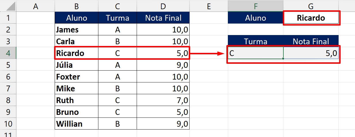 Função VLOOKUP, resultado exemplo 2