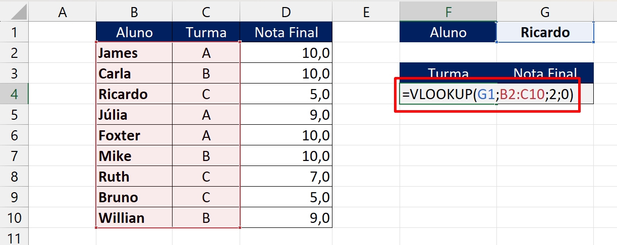 Função VLOOKUP, turma