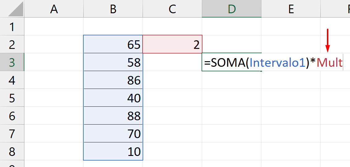 fórmula de soma com inserção e  multiplicação