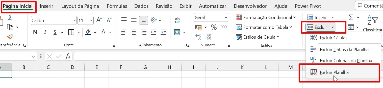 Linhas em Branco no Excel, excluir planilha