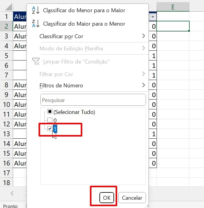 Linhas em Branco no Excel, filtro número 1