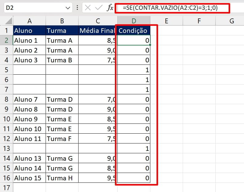 Linhas em Branco no Excel, fórmula exemplo