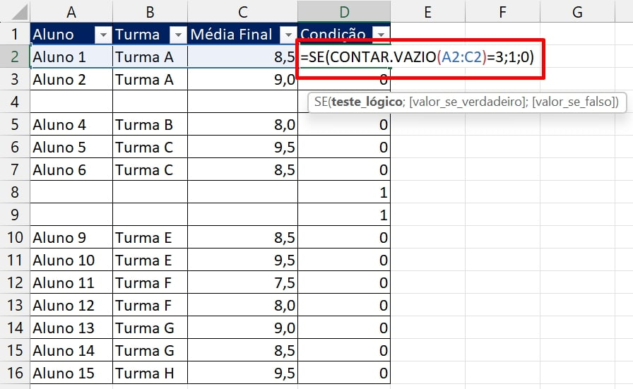 Linhas em Branco no Excel, fórmula