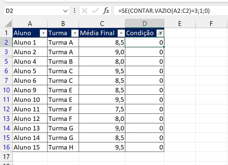 Linhas em Branco no Excel, resultado filtro