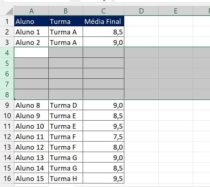 Linhas em Branco no Excel, resultado excluir células separadas