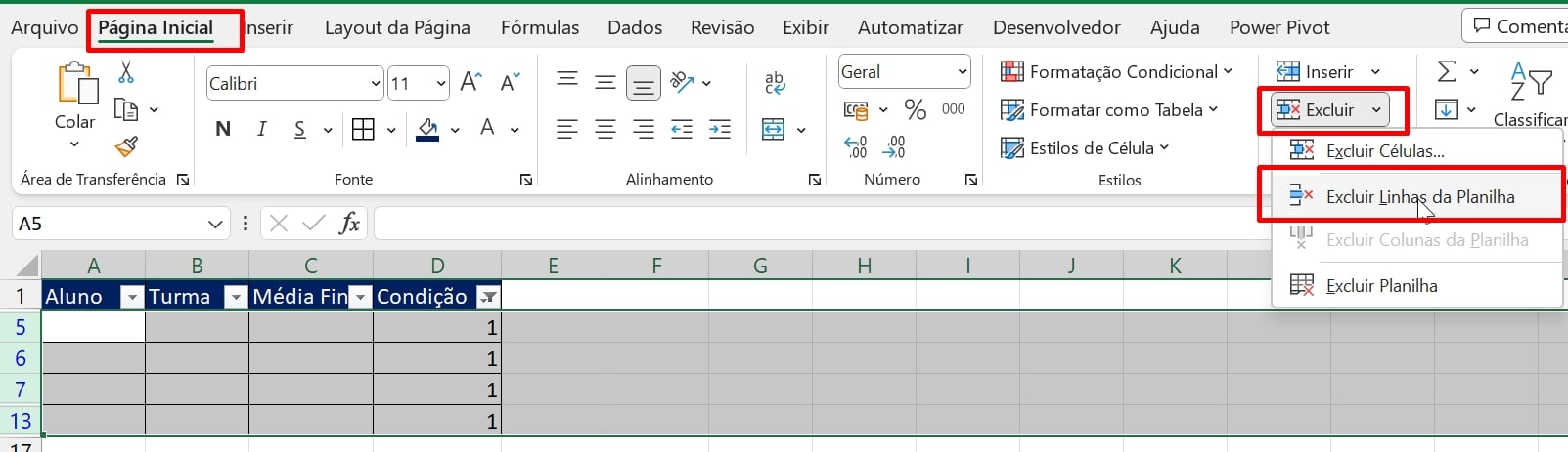 Linhas em Branco no Excel, selecionar linhas filtradas