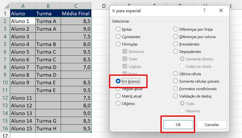 Linhas em Branco no Excel, selecionar tabela