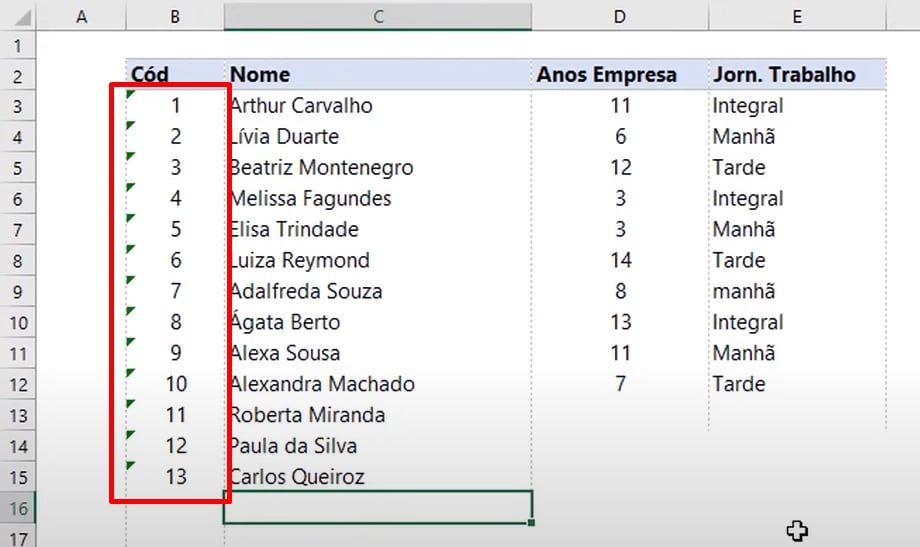 Numeração Automática no Excel, resultado sequência