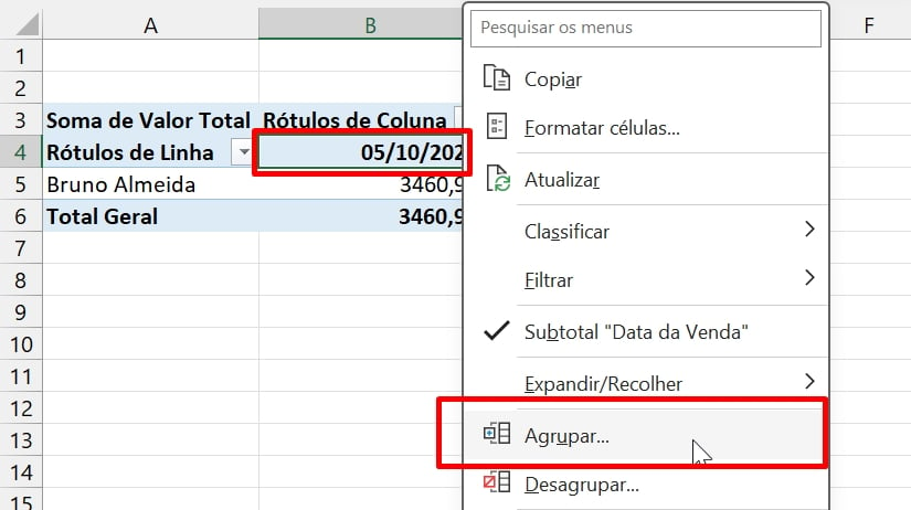 Planilha de Vendas no Excel, agrupar