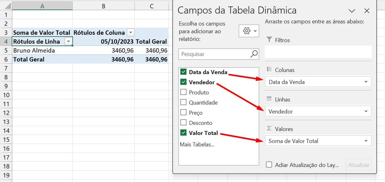 Planilha de Vendas no Excel, campos